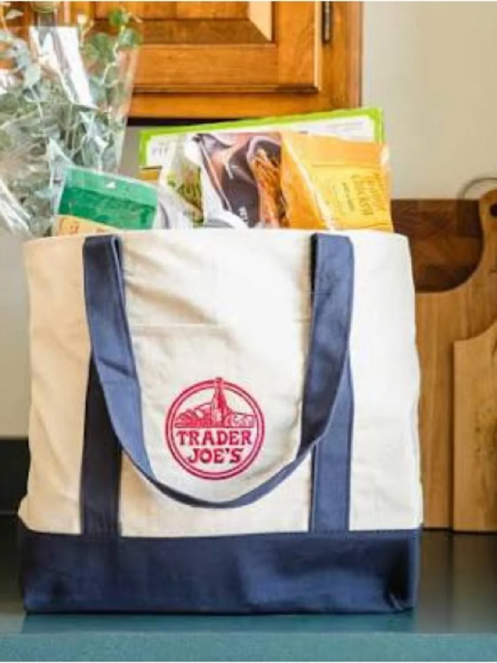 Trader Joe's Large Cream and Navy Canvas Tote Bag